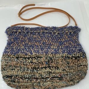 Handmade knit sustainable materials blue tan purse crossbody bag